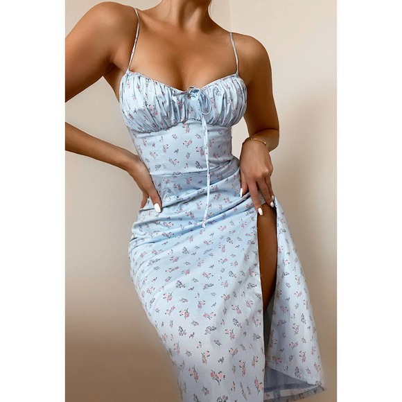 HOUSE OF CB Dresses & Skirts - House of CB Carina Blue Floral Bustier Midi Dress Size XS